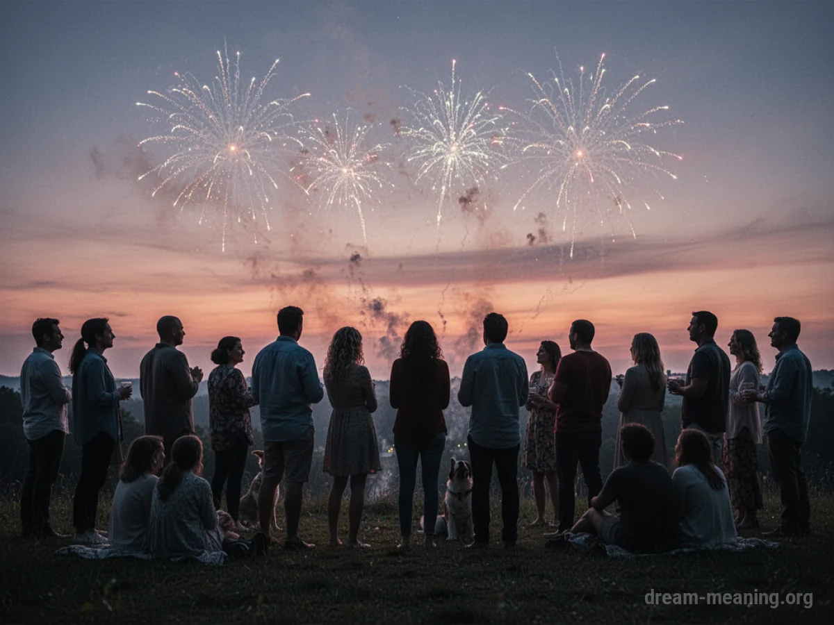 Silhouettes of people gathered together under a twilight sky with subtle hints of fireworks.