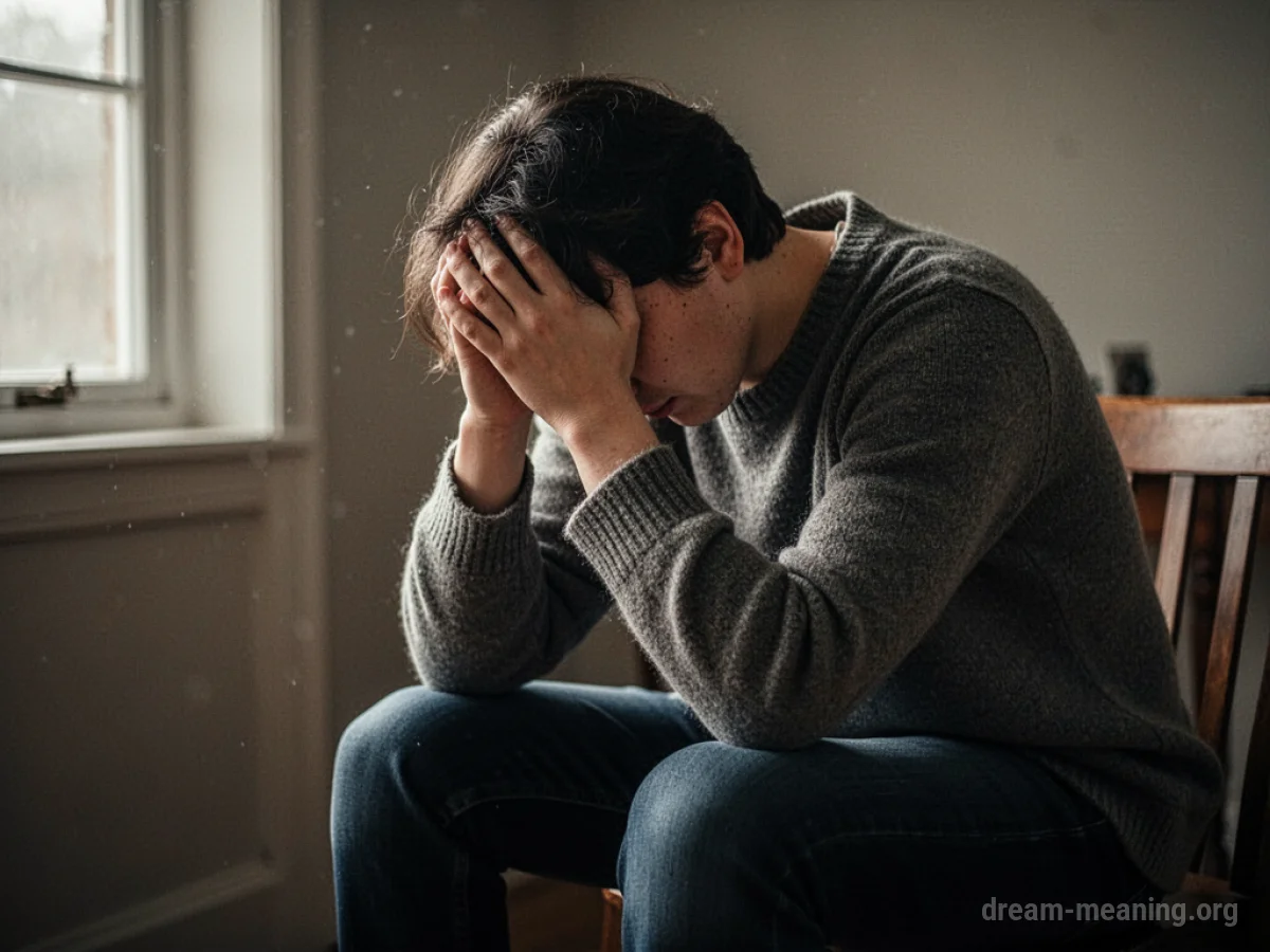 A person sitting with their head bowed, hands covering their face.