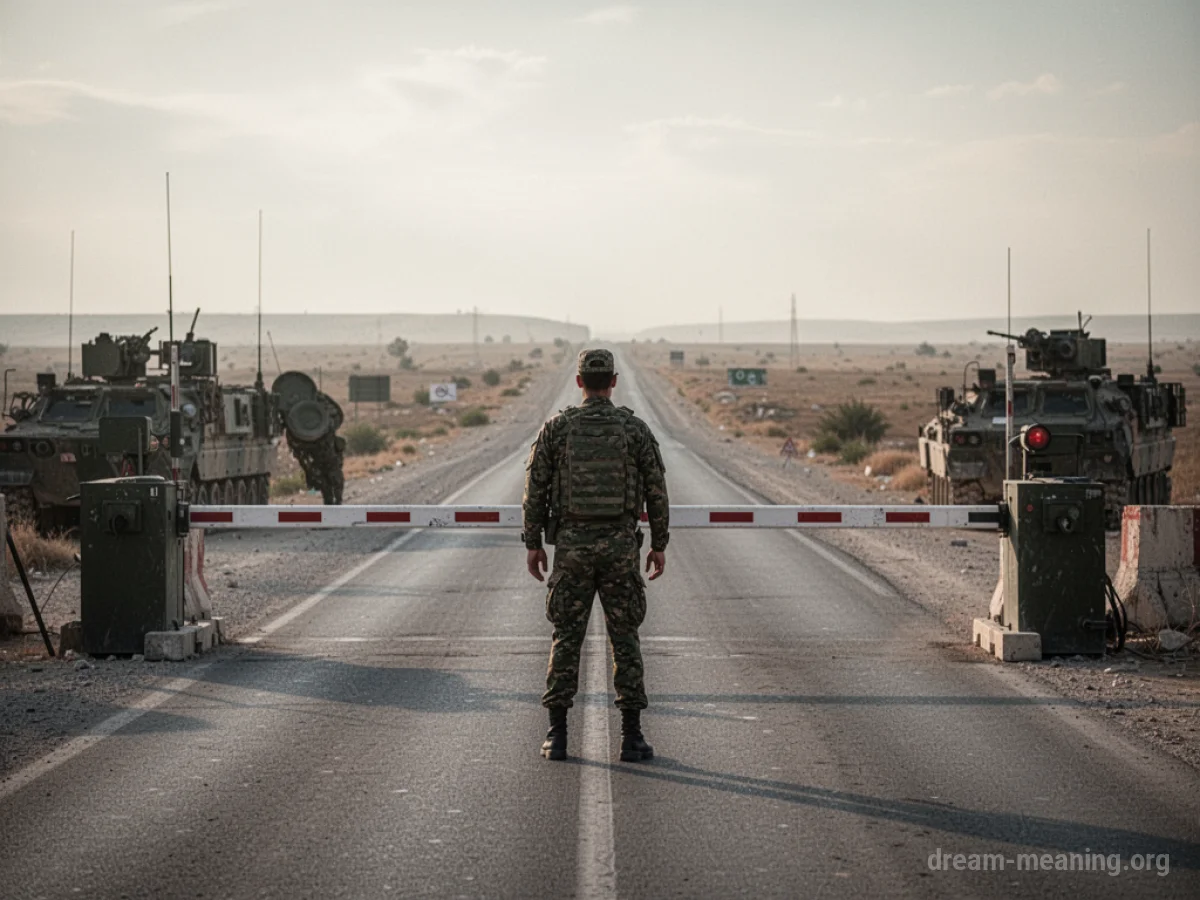 A person at a road barrier with military personnel.