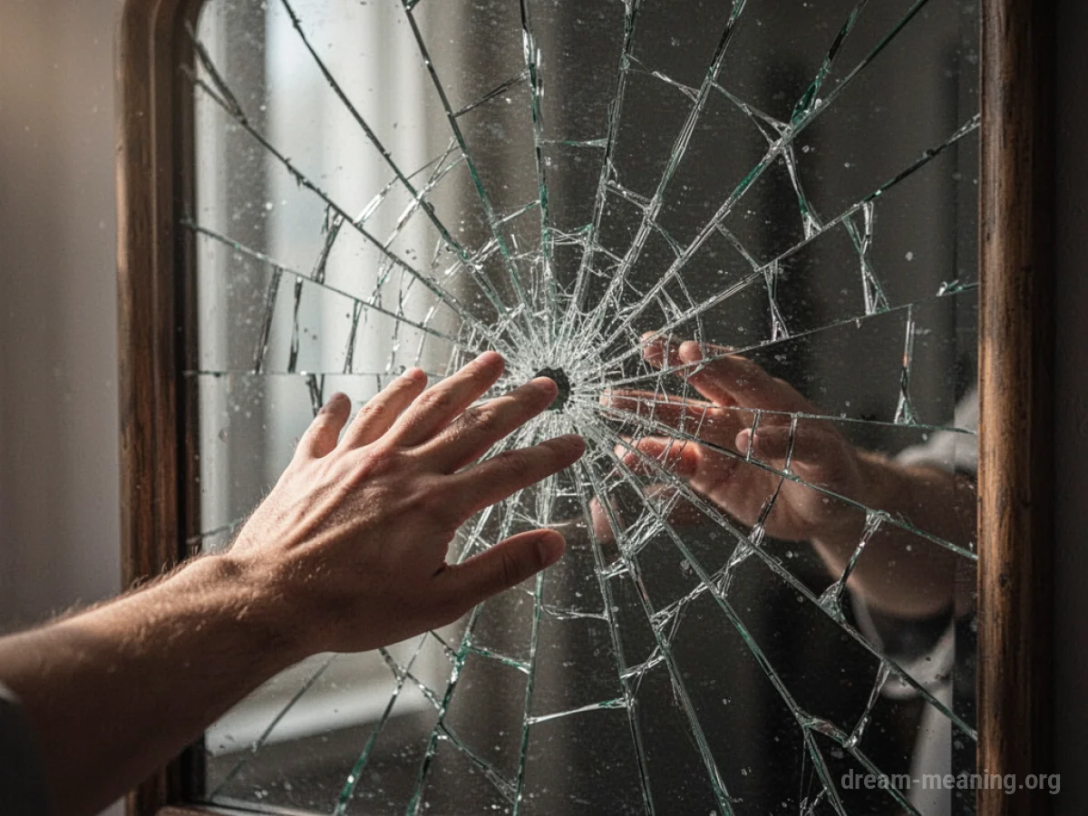 A hand approaching a mirror with visible cracks spreading across its surface.