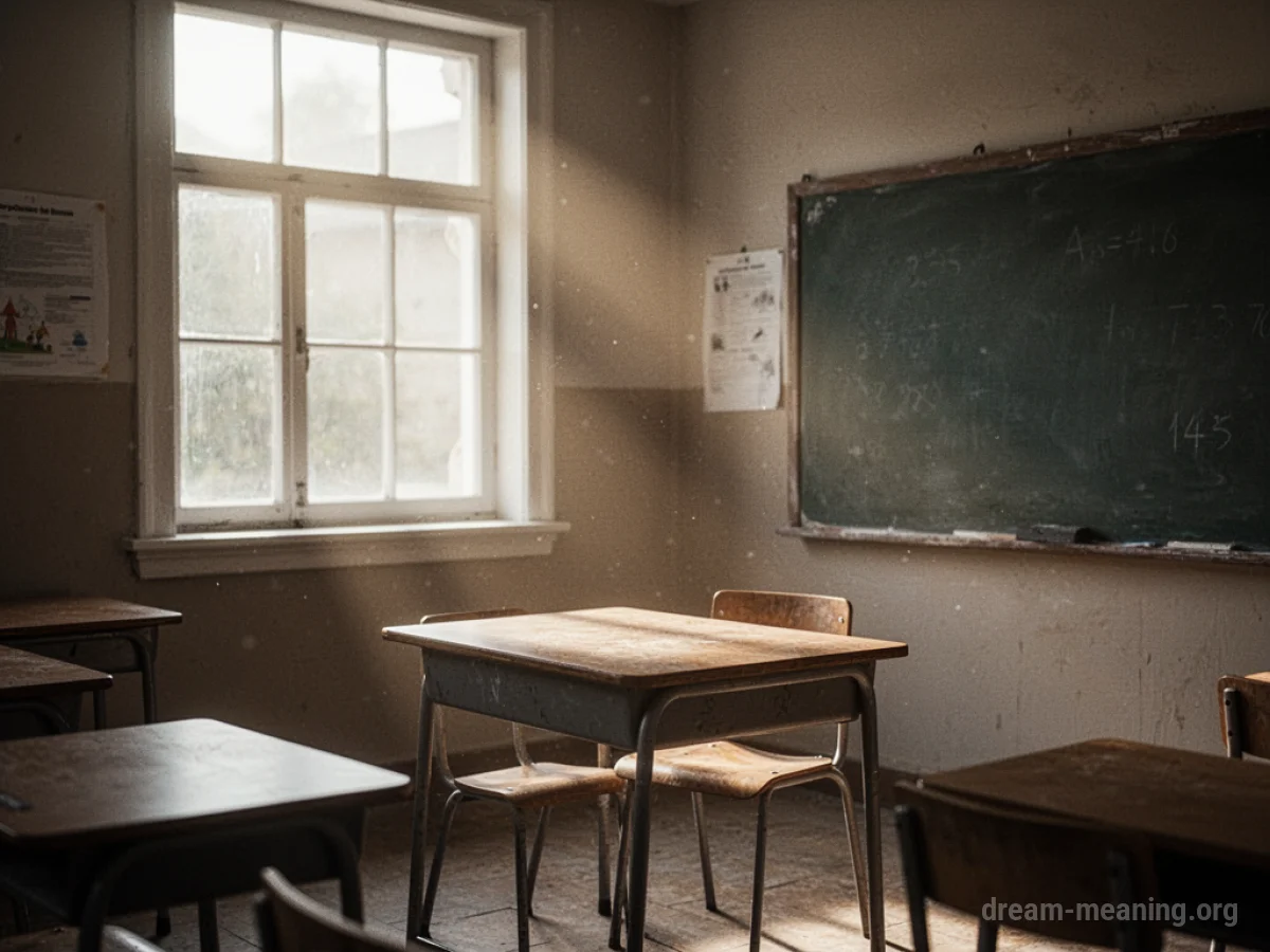 An empty classroom bathed in sunlight.