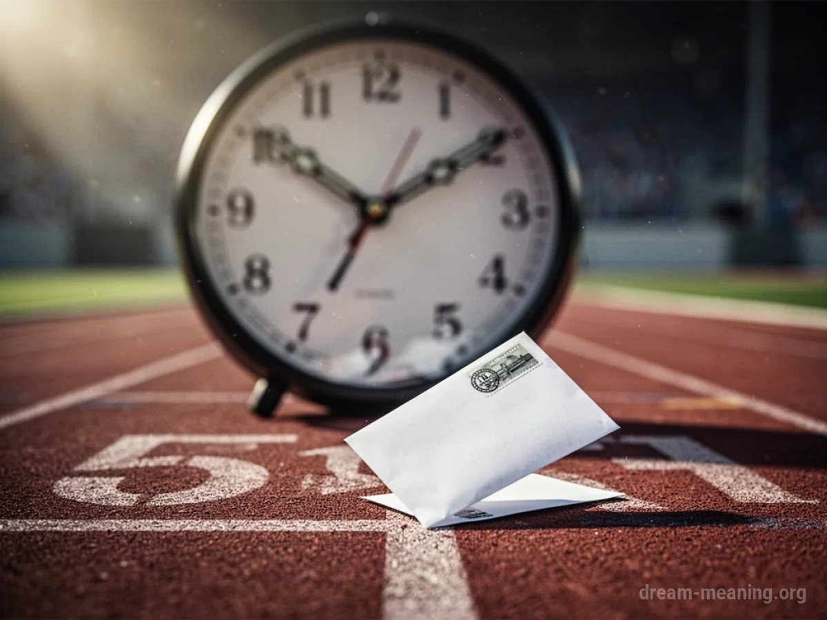A clock face with blurred hands and a dropped envelope near a finish line.