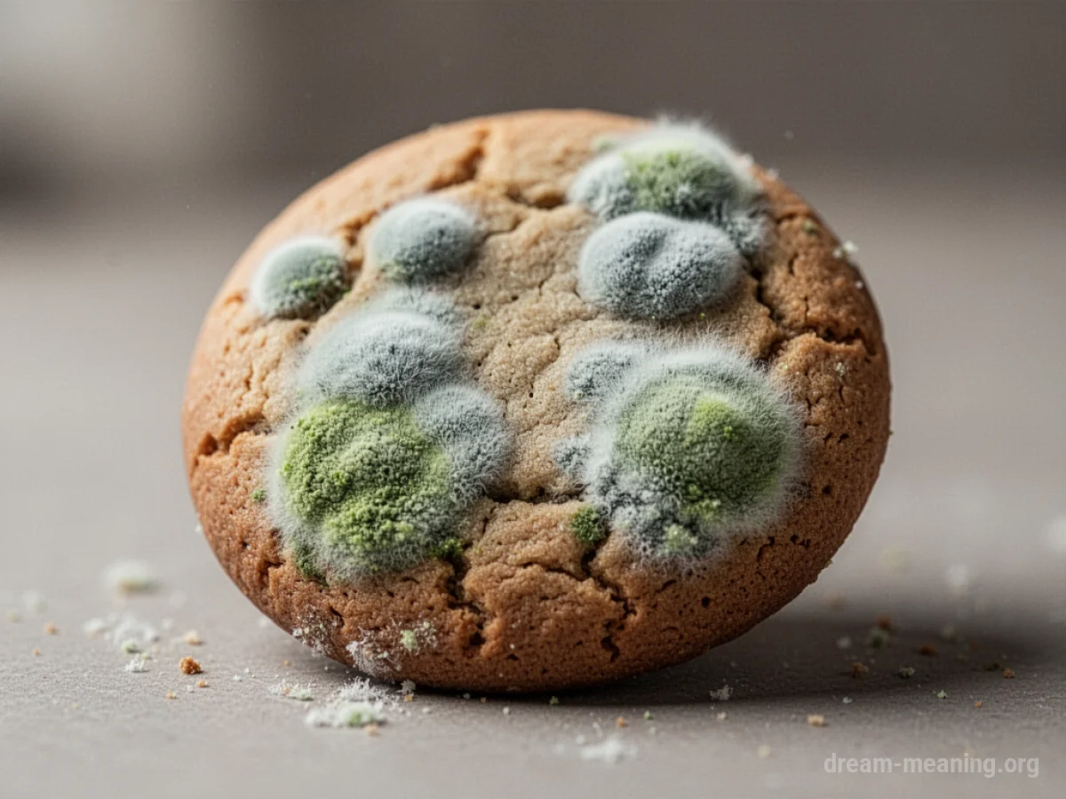 A single cookie covered in patches of green and white mold.