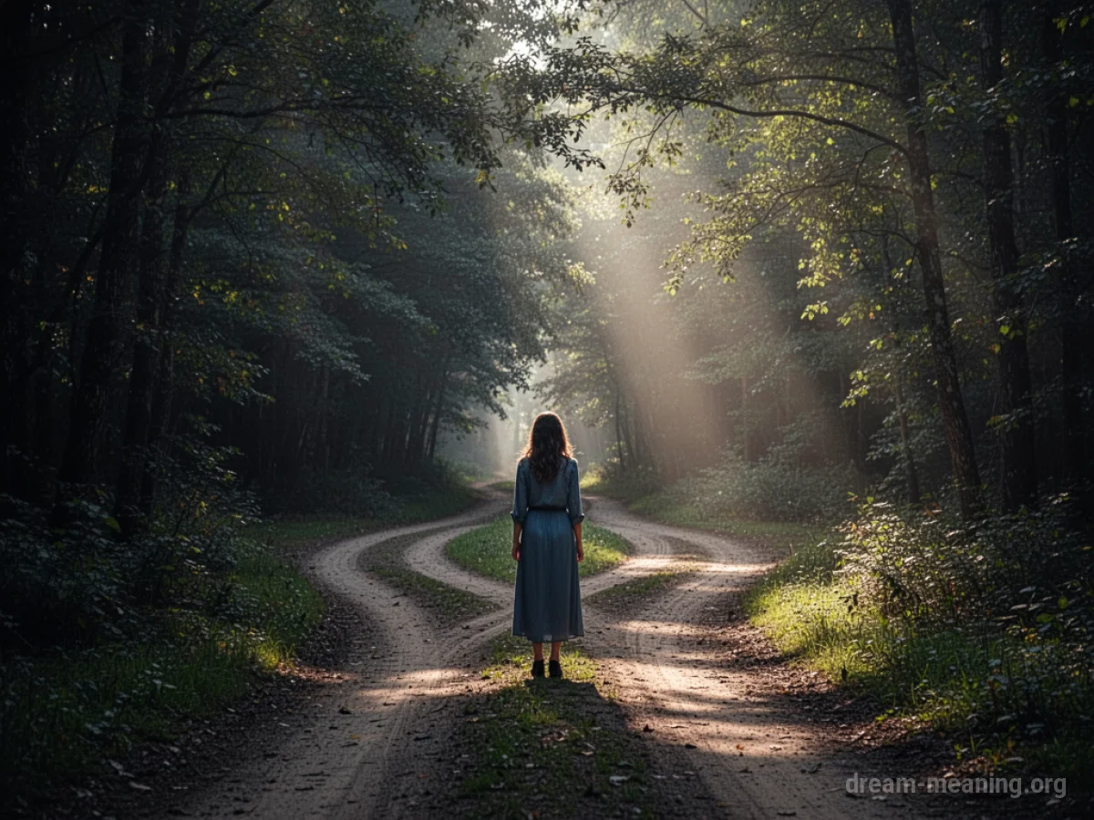 A woman stands at a diverging path in a forest.