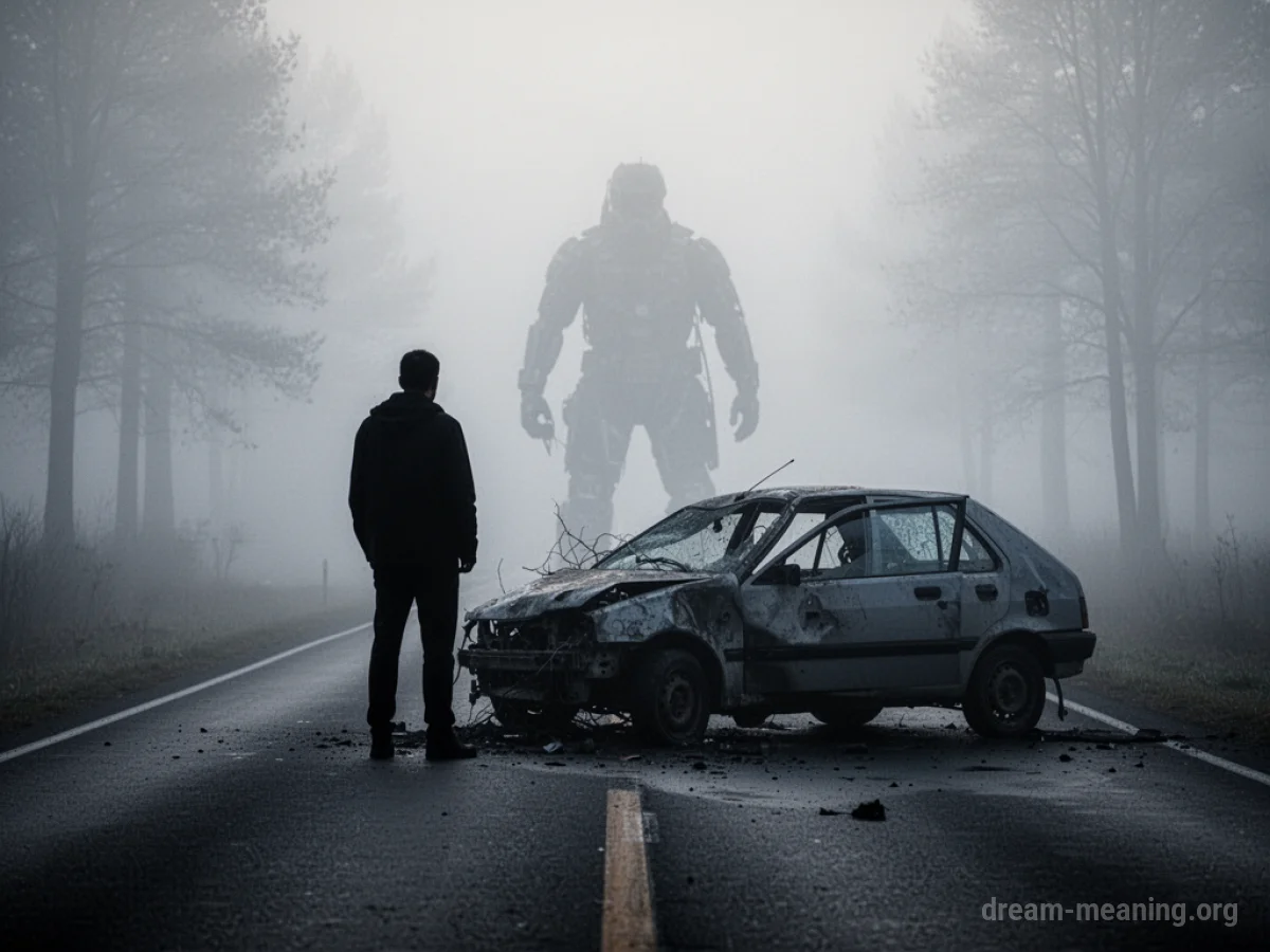 Silhouette of a person near a damaged car on a road.