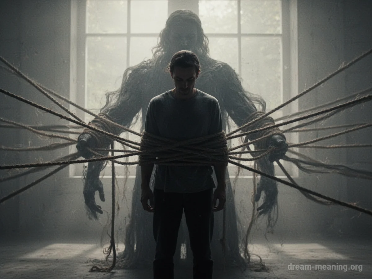 Silhouette of a person with shadowy ropes binding their arms, connected to a larger shadowy figure.