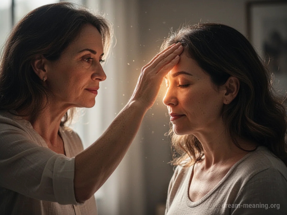 Two women, one touching the other's forehead with a gentle expression.