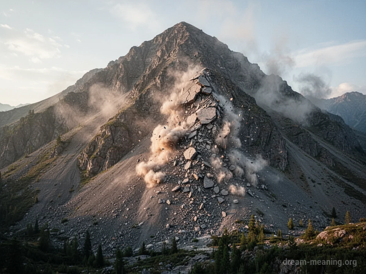 A mountain peak breaking apart and sliding downwards.
