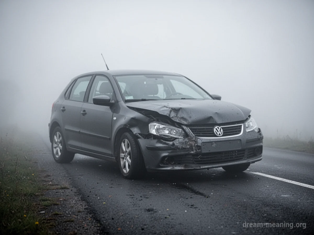 A foggy road with a car that has minor front-end damage.