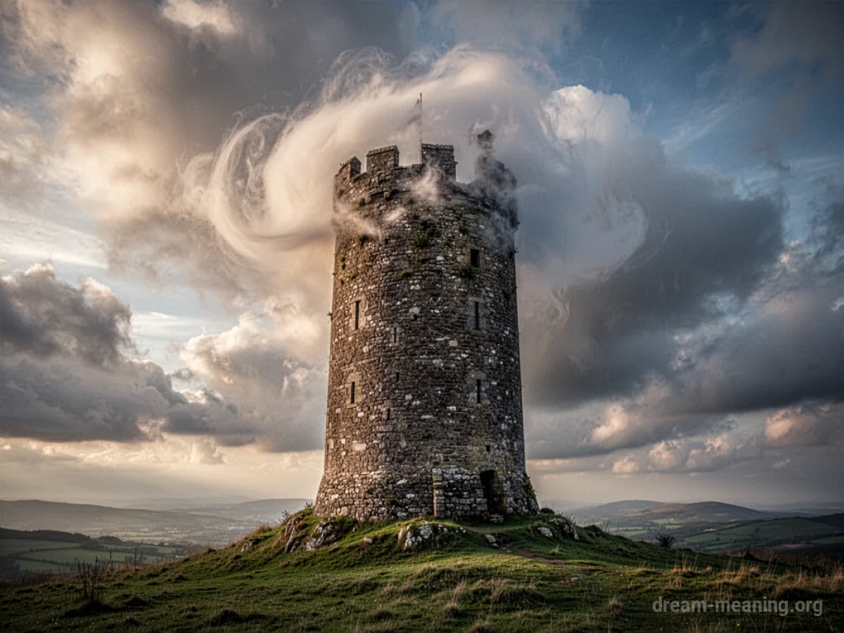 A tall stone tower reaching towards a cloudy sky.