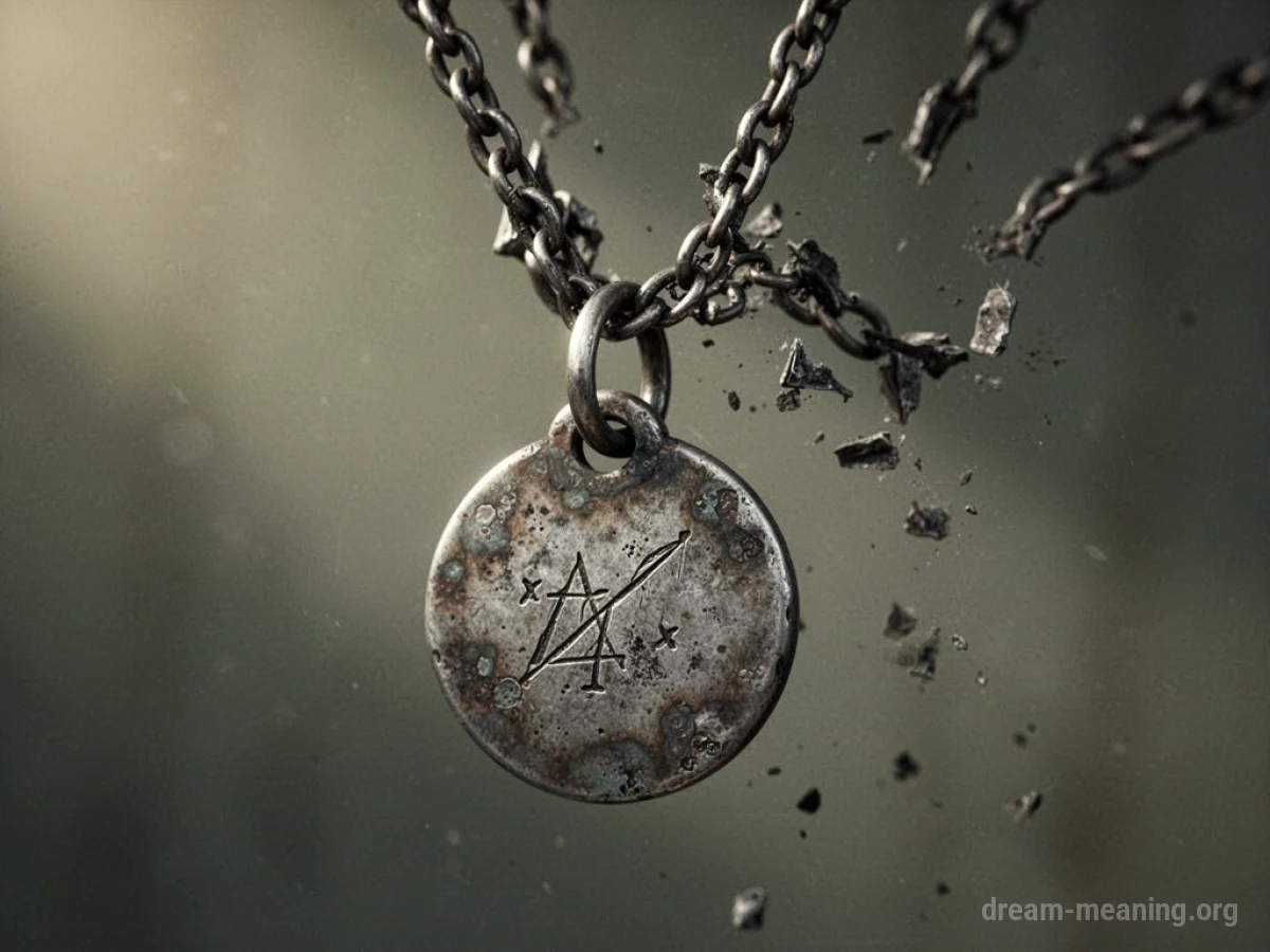 A tarnished charm hanging from a frayed chain.