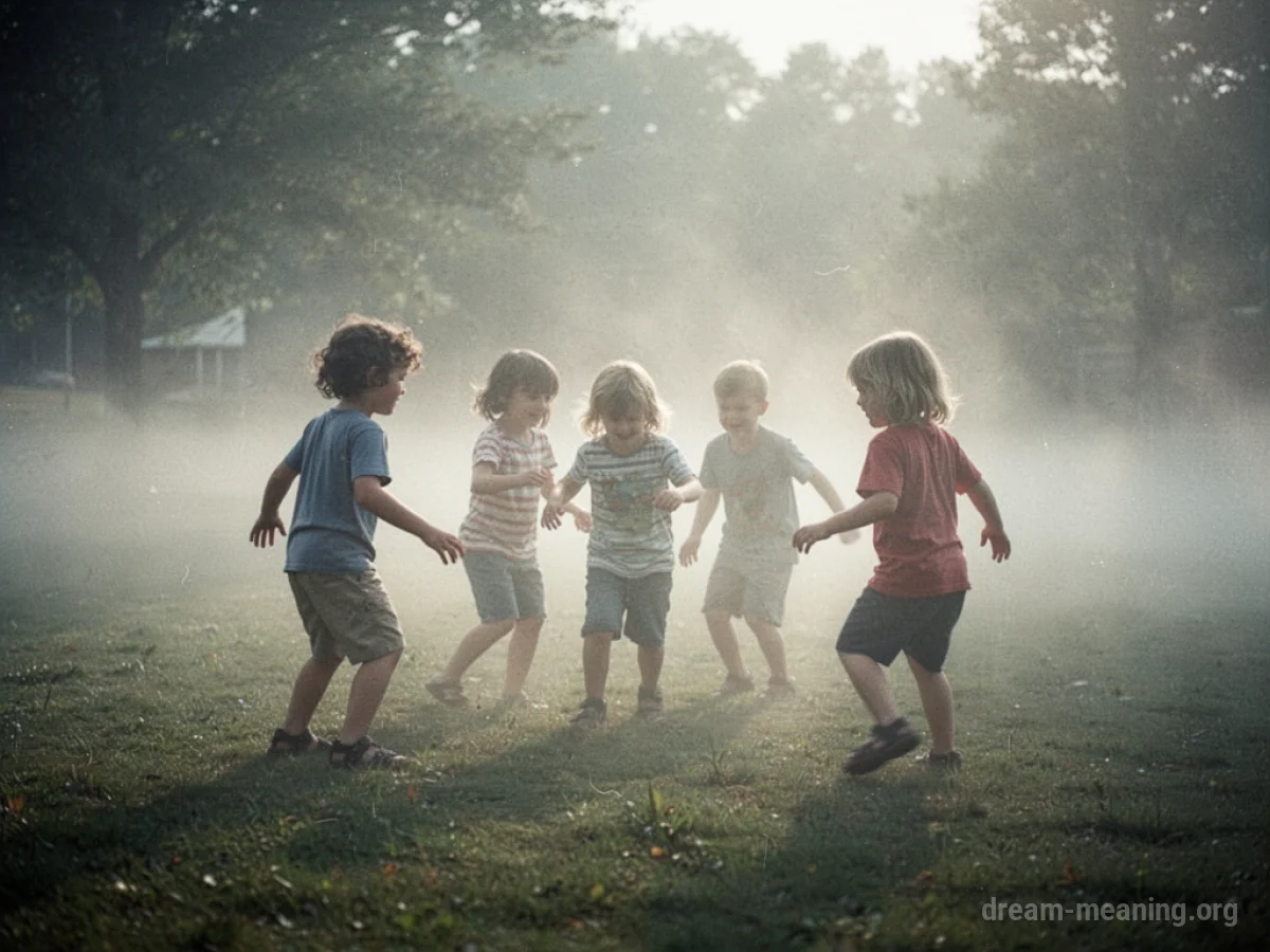 A misty background with a blurred image of children playing.