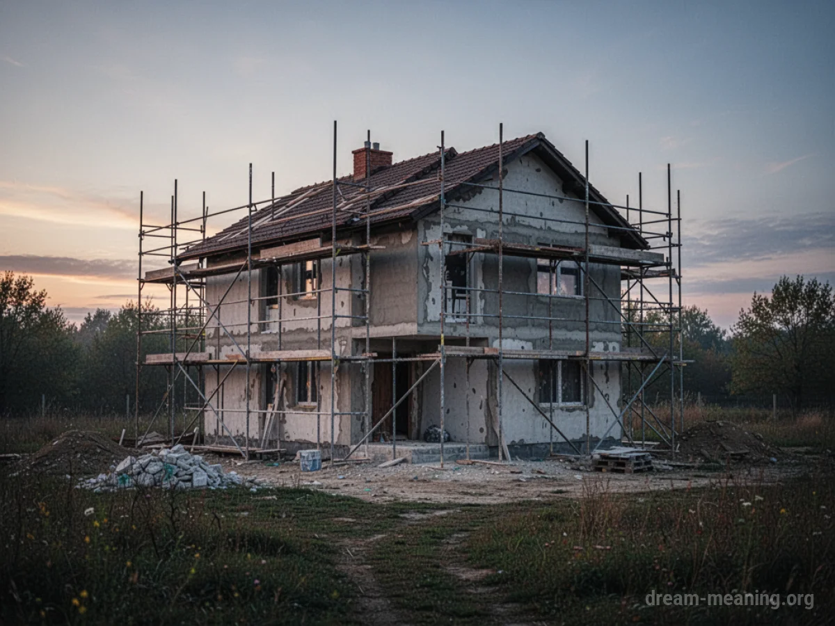 A house partially built with visible framing and scaffolding.