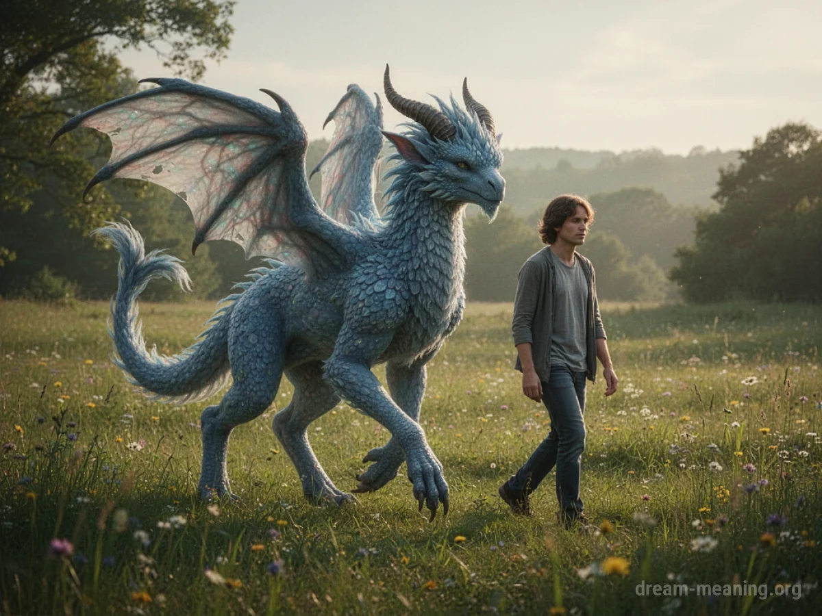 A person walking with a mythical chimera creature in a field.