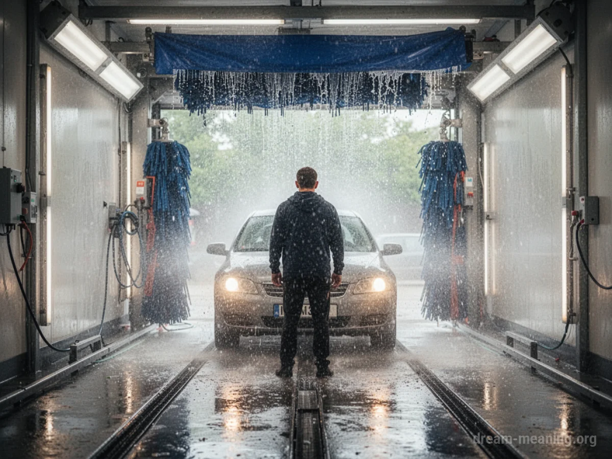 A person stands under spraying water inside a car wash.
