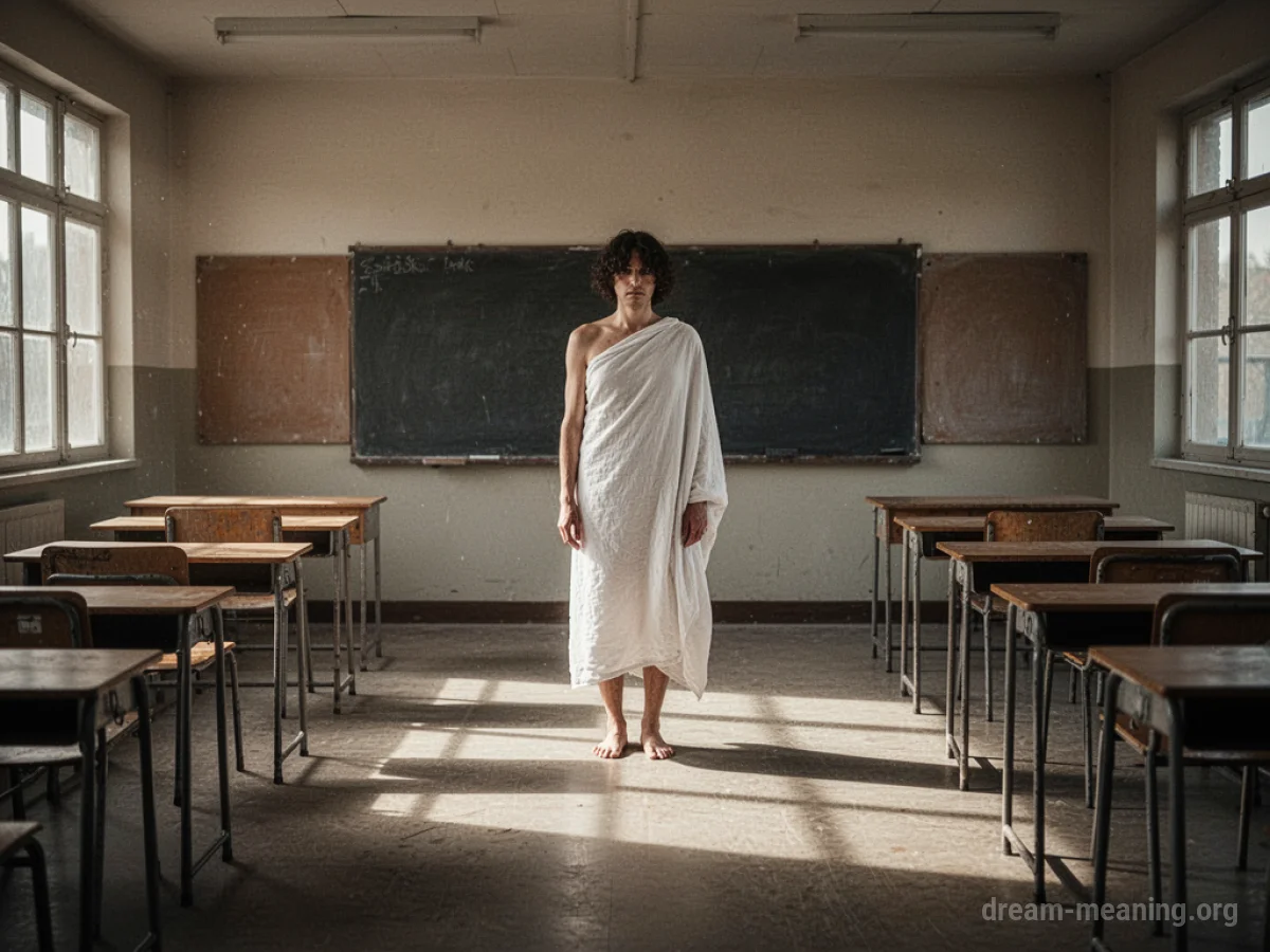 A person stands alone in an empty classroom, draped in a white sheet.