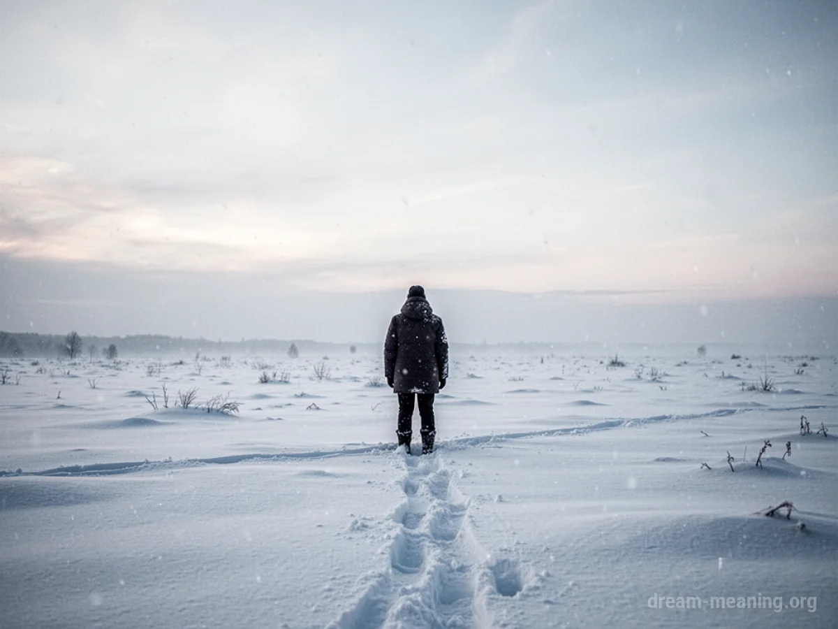 A person standing alone in a snowy, barren landscape.