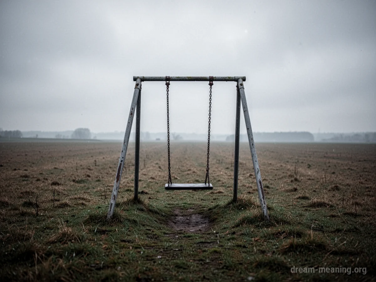 An empty swing set on a large, barren field under a cloudy sky.