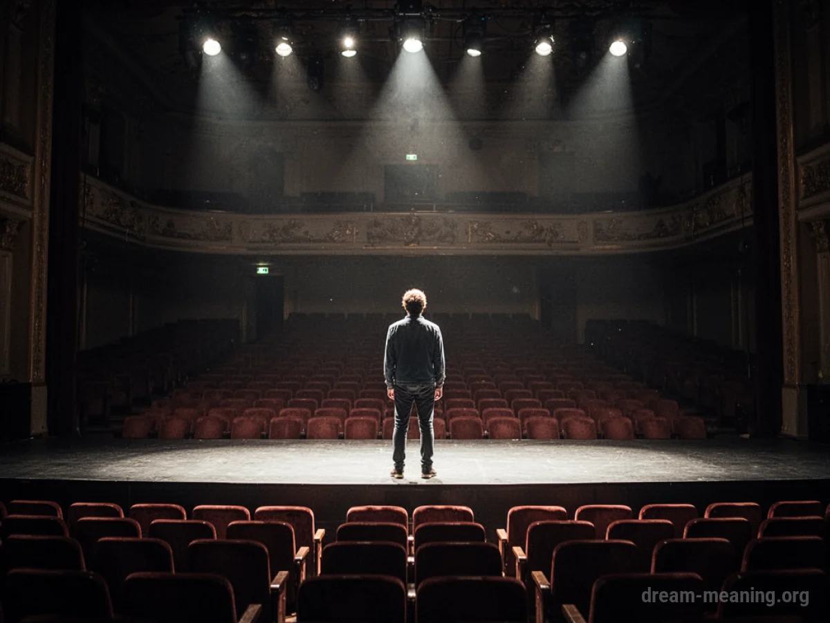 A silhouette of a person standing at the edge of a stage looking out at an empty audience.