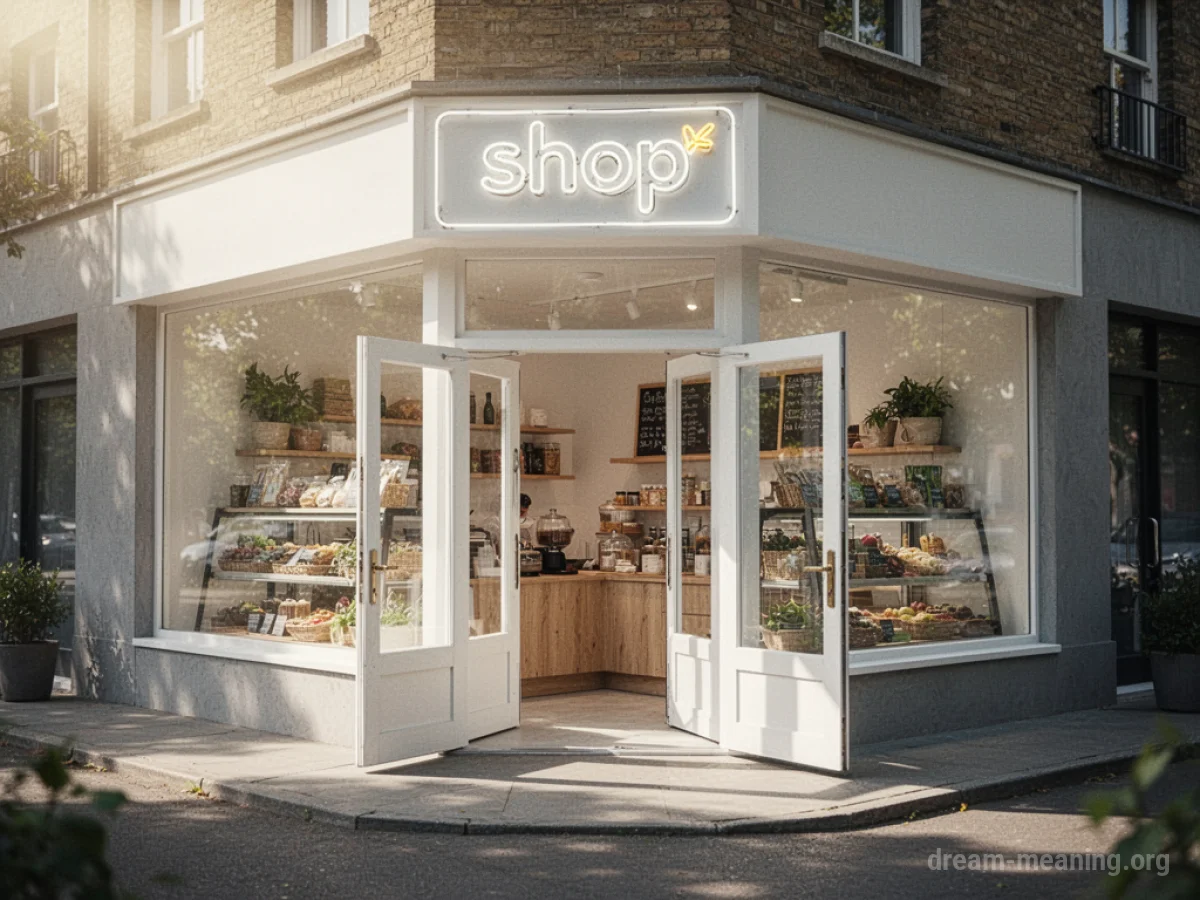 A brightly lit corner shop with its doors open.