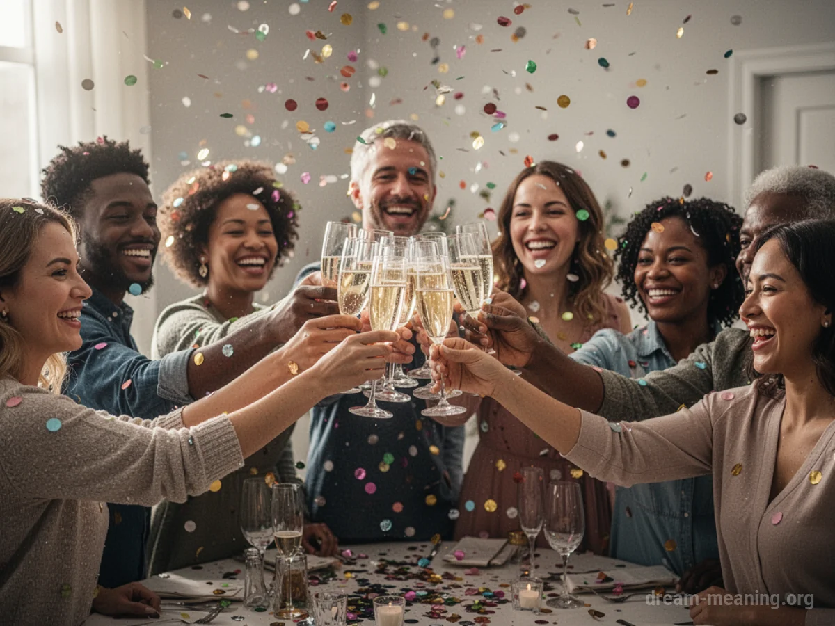 People toasting with champagne glasses and confetti.