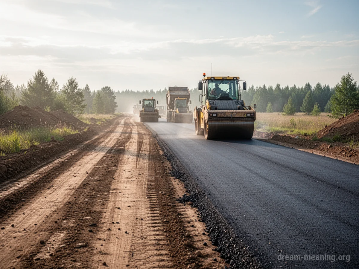 A partially paved road under construction with construction equipment visible.