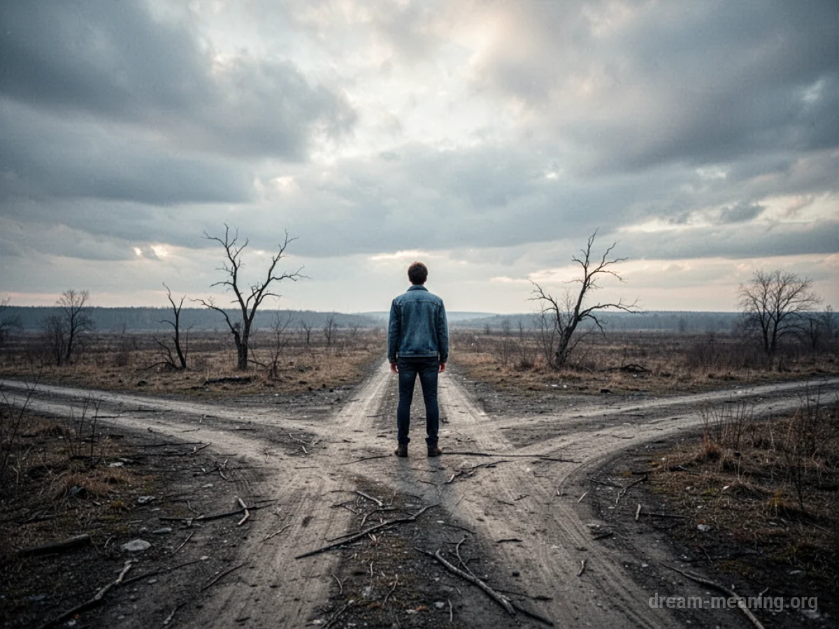 A lone figure stands at an empty intersection with indistinct surroundings.