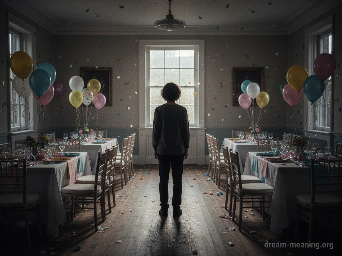 A solitary figure in an empty, prepared party space.