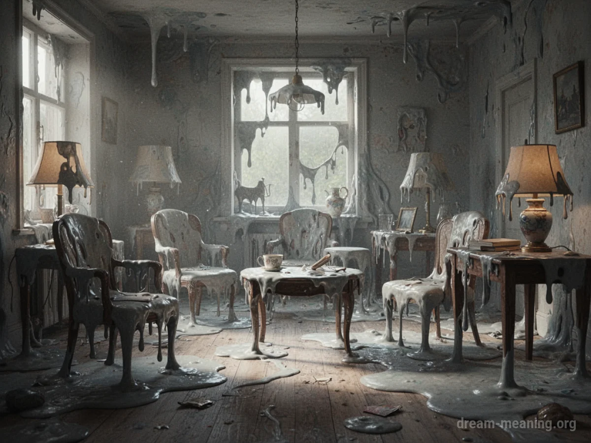 Everyday objects in a room morphing into abstract, fluid shapes.
