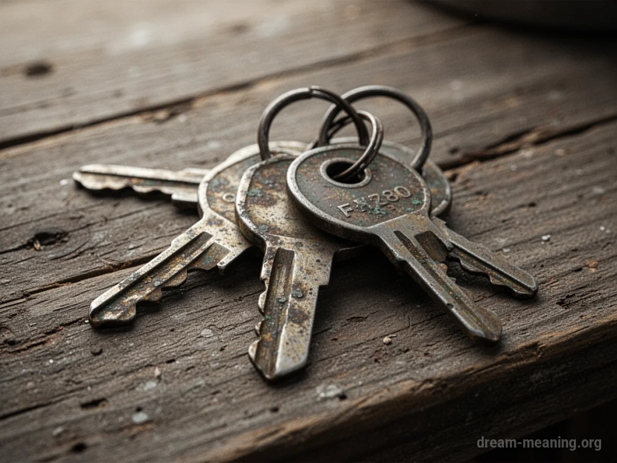 A collection of antique car keys on a wooden table.