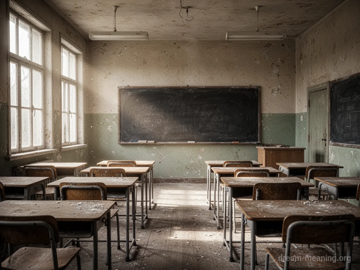 An empty classroom with sunlight streaming through the windows.