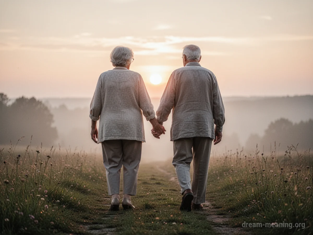 An elderly couple walks hand-in-hand towards a sunset.