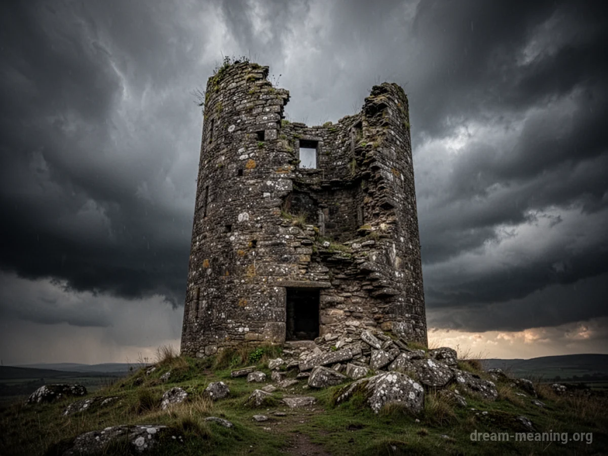 A decaying stone tower with missing sections under a cloudy sky.