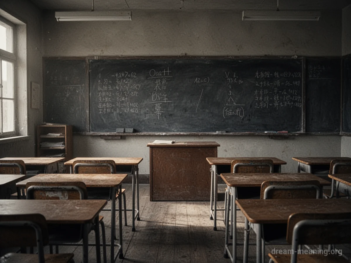 An empty classroom with rows of desks and a chalkboard.
