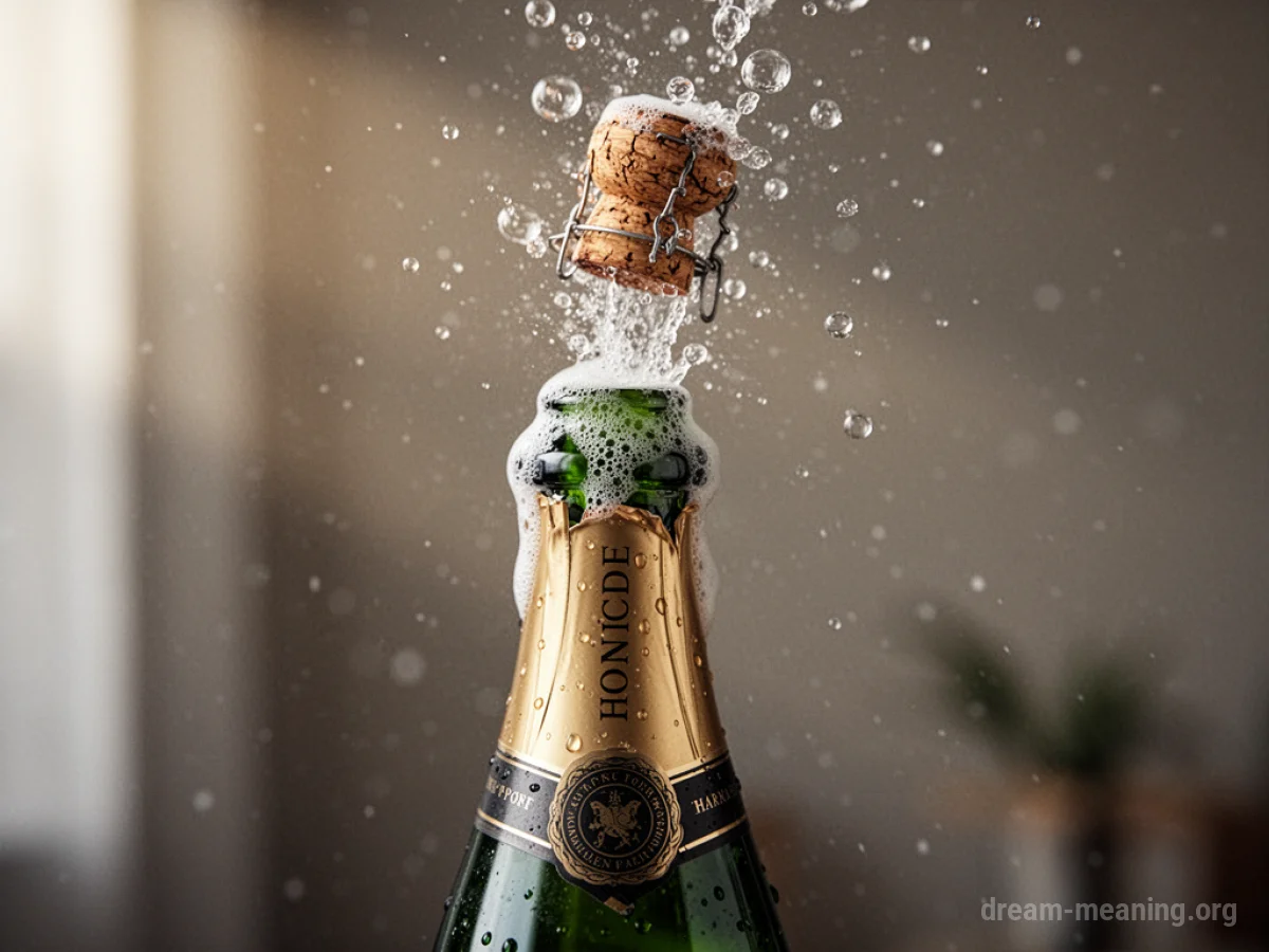 A champagne bottle's cork is being released, with bubbles and foam emerging.