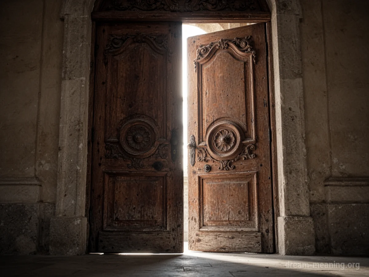 A partially opened, ancient-looking door with light emanating from the gap.