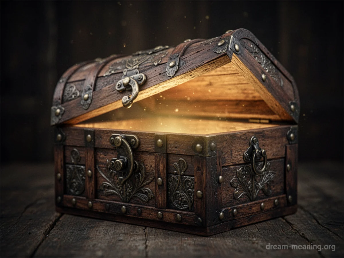 A wooden chest with its lid partially open, emitting a soft light.