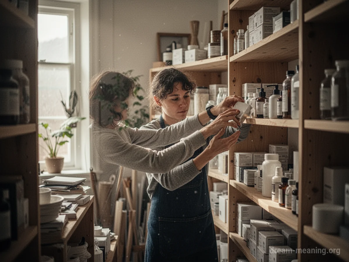Person arranging items on shelves.