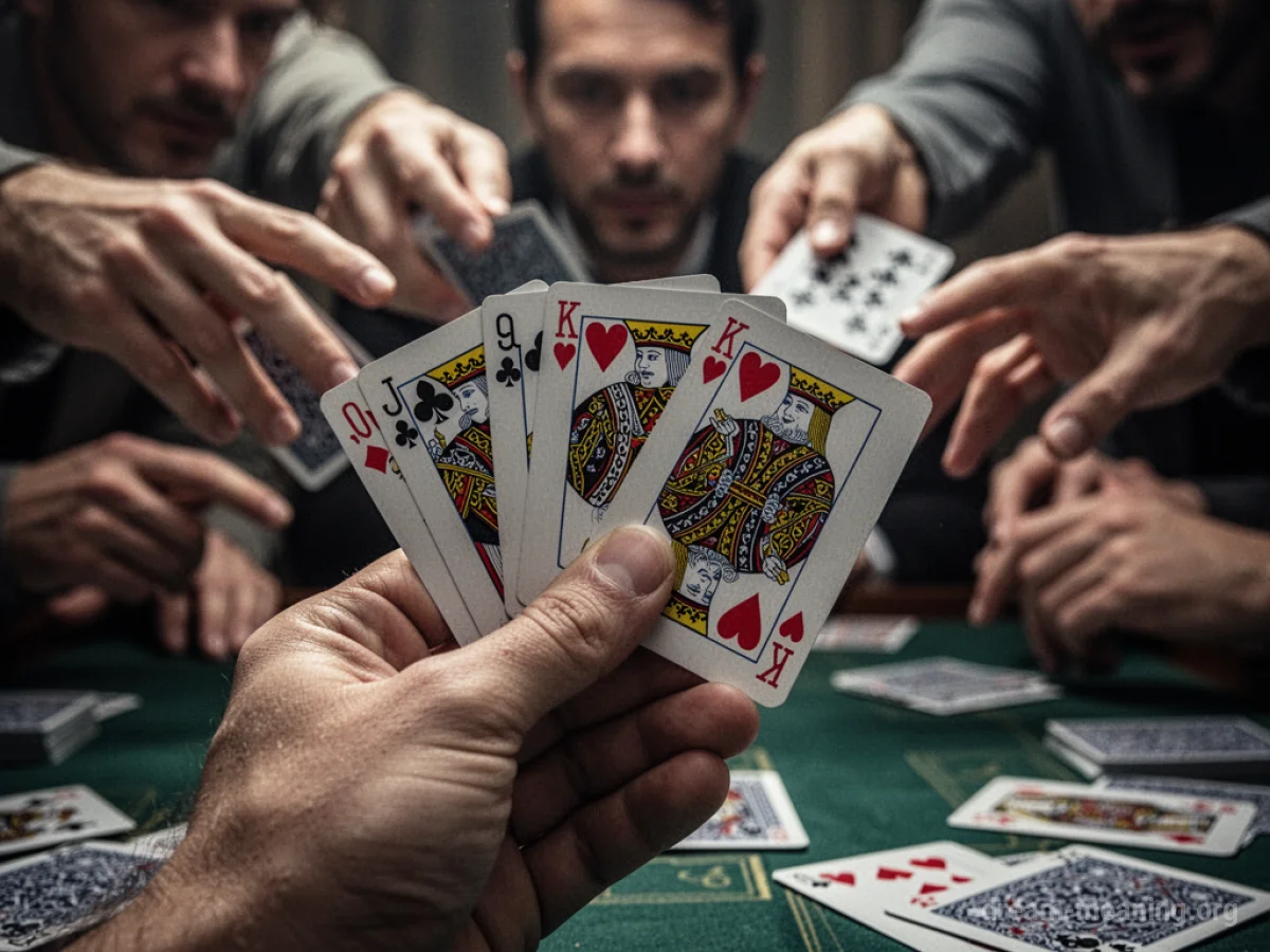 Hands holding playing cards with other hands visible in the background.