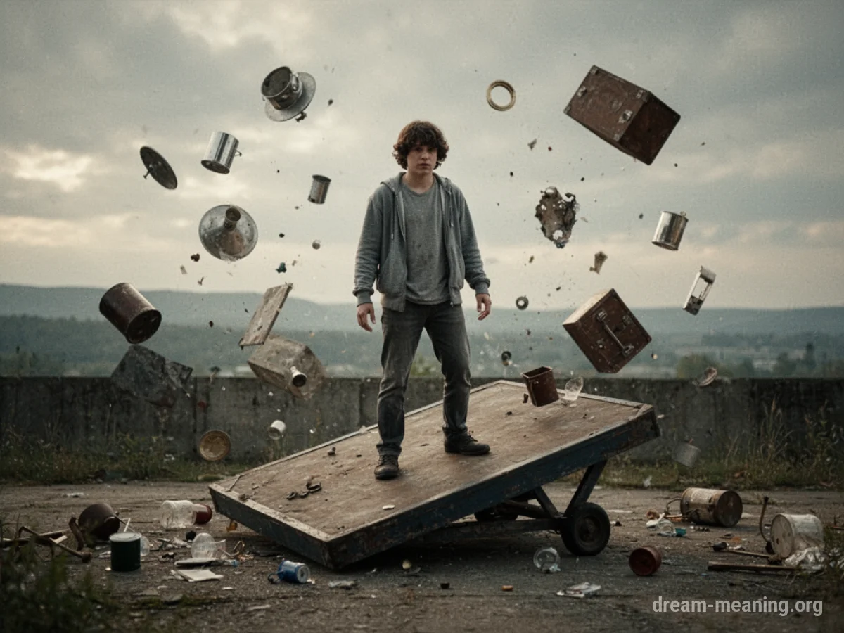 A person on a tilting platform with falling objects.