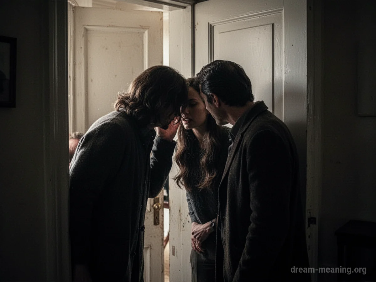 Silhouettes of two people near a doorway, one listening.
