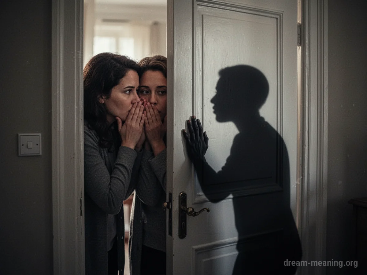 Silhouette of a person listening at a closed door where two figures are whispering.