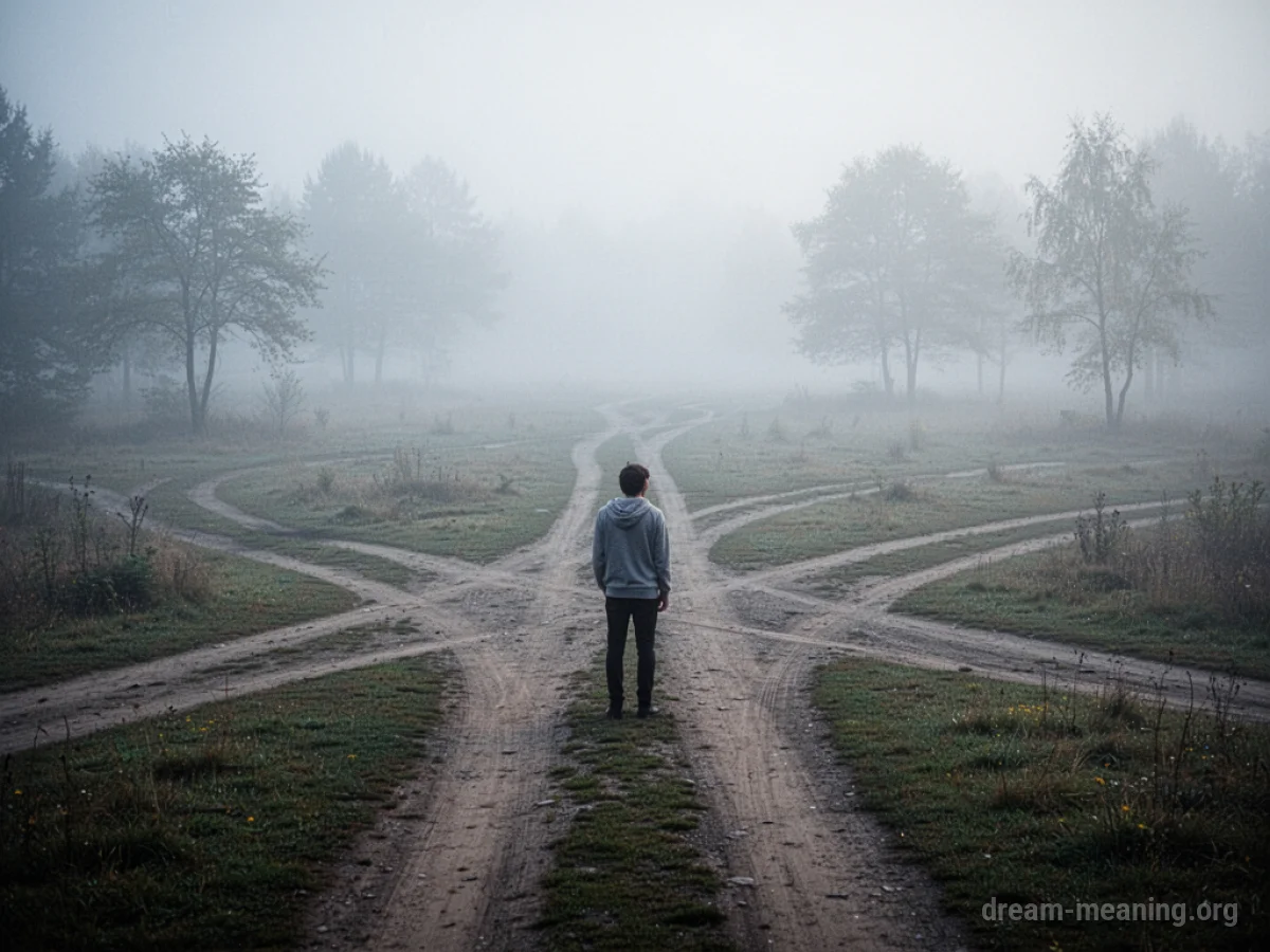 A lone person at a foggy intersection with multiple diverging paths.