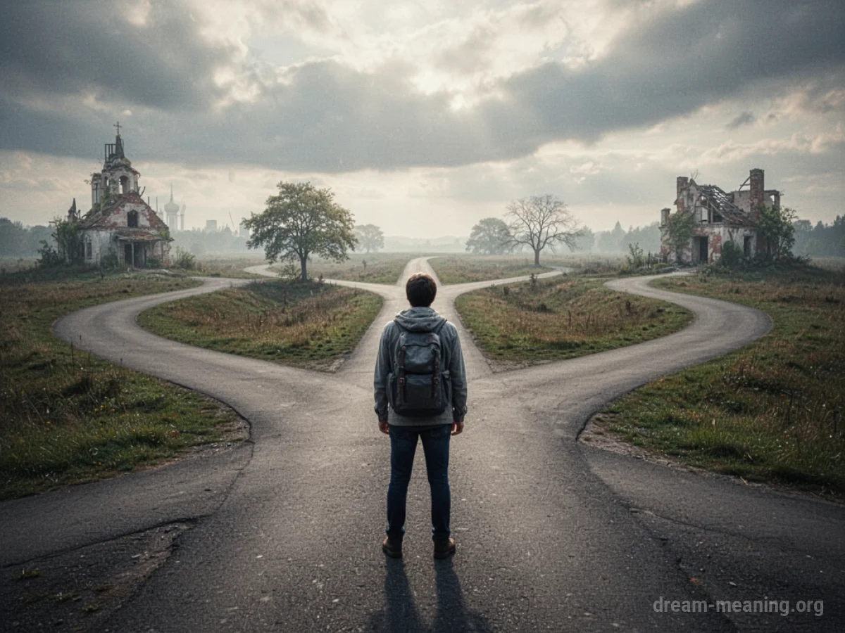 A person at a junction with many branching paths under a cloudy sky.