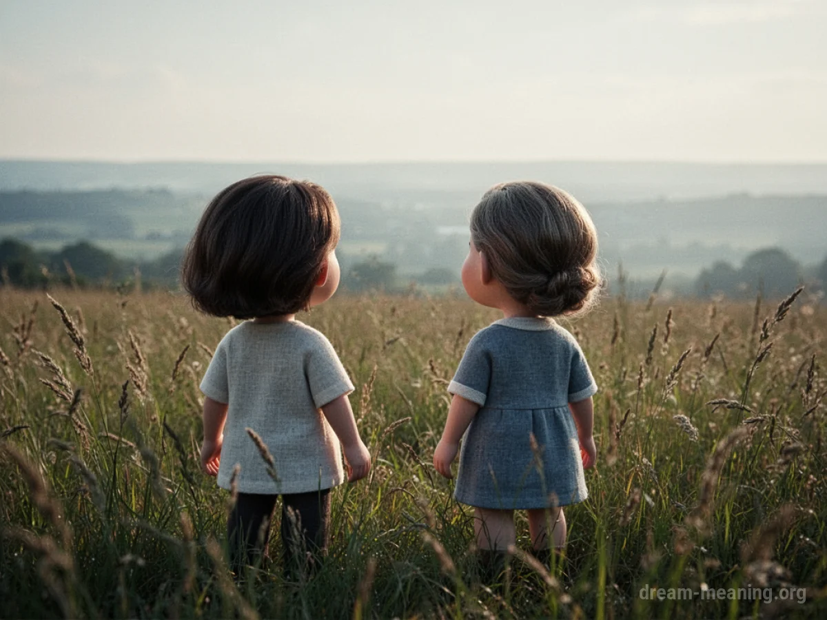 Two small figures resembling parents stand in a grassy field.