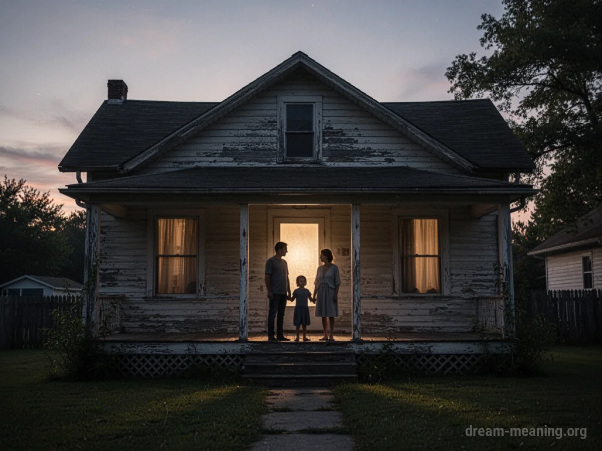 Silhouettes of parents and a child figure standing on the porch of a house.