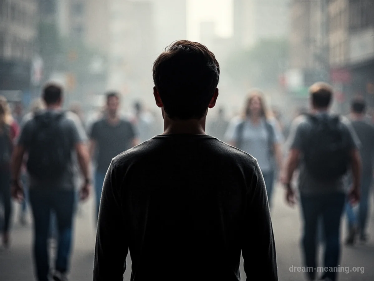 Silhouette of a person facing a hazy, indistinct background with multiple faint figures.