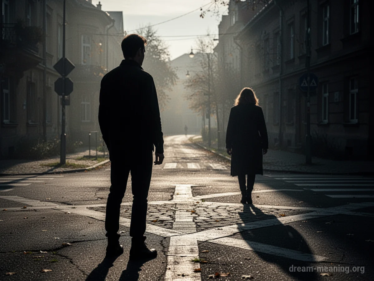 A silhouette of one person walking away from another at a fork in the path.