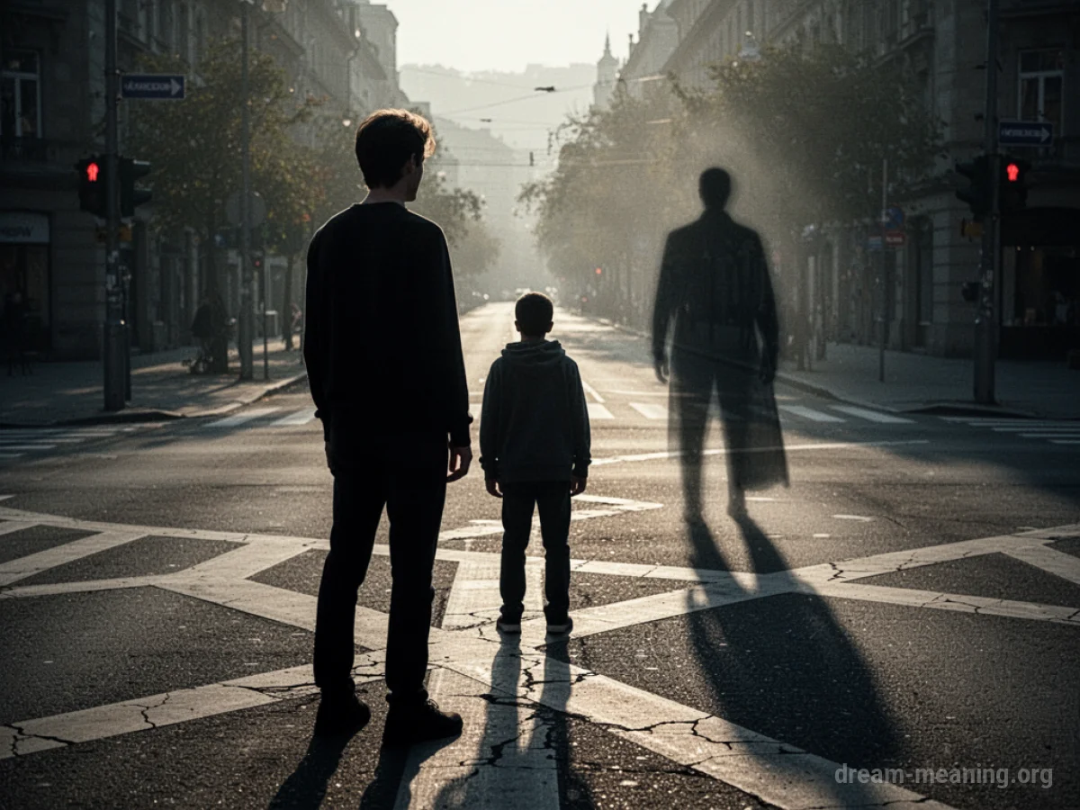Silhouette of a person at a crossroads looking back at a shadowy figure.