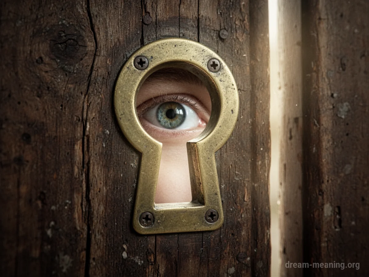 An eye looking through a keyhole in a wooden door.